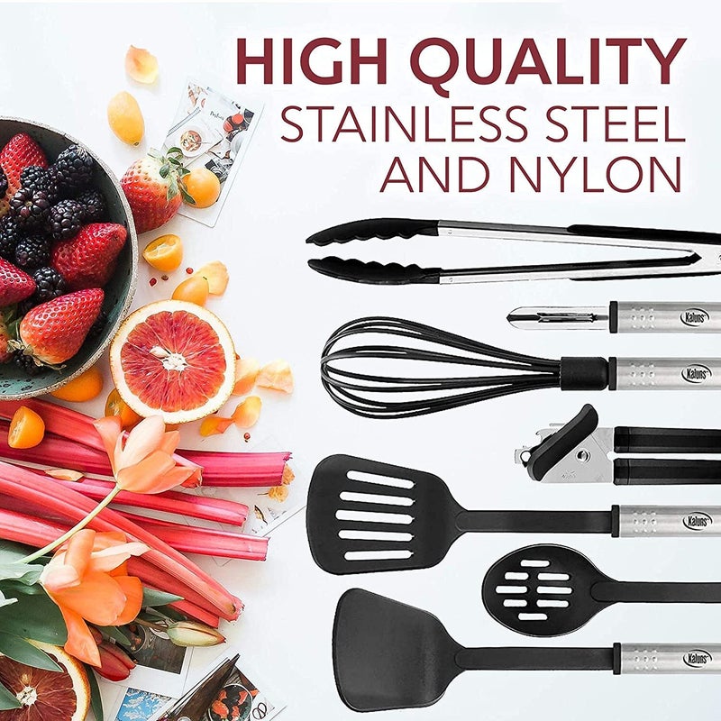 EATEX Kitchen Utensils Set - 24 PCS Nylon Cooking Utensils Set, Kitchen Spatula Set with Stainless Steel Handles - Heat Resistant Non-Stick Kitchen Tools - Black Kitchen Utensil Set - Image 2
