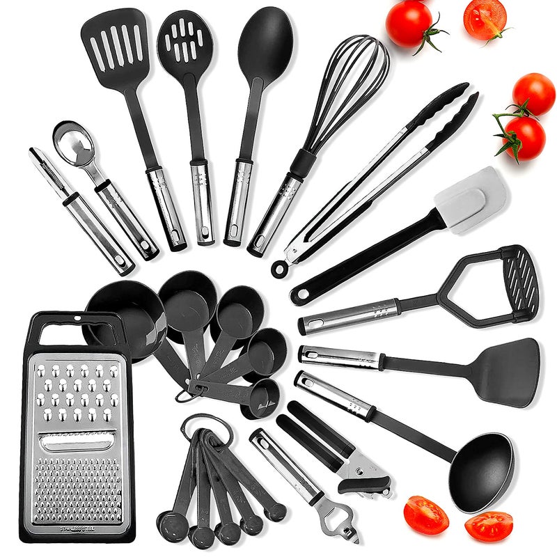 EATEX Kitchen Utensils Set - 24 PCS Nylon Cooking Utensils Set, Kitchen Spatula Set with Stainless Steel Handles - Heat Resistant Non-Stick Kitchen Tools - Black Kitchen Utensil Set - Image 1