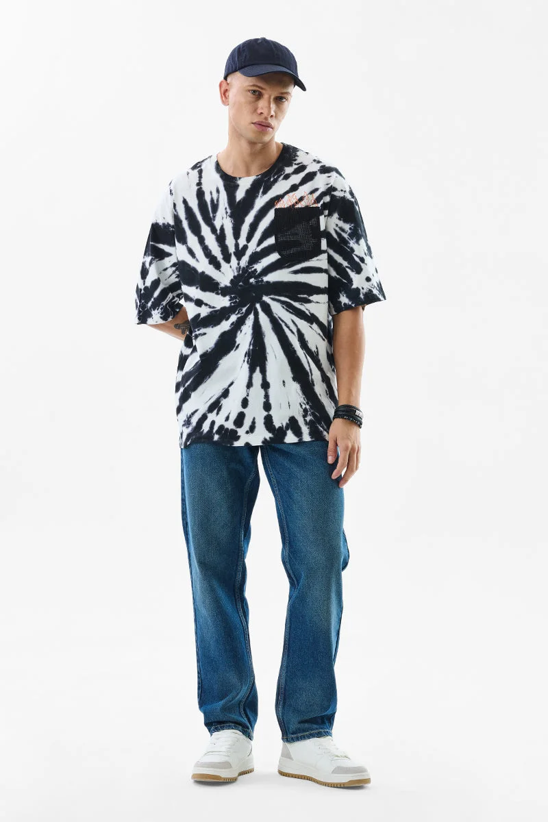 سنيتش Black Tie-Dye Half Sleeve Oversized Streetwear T-Shirt