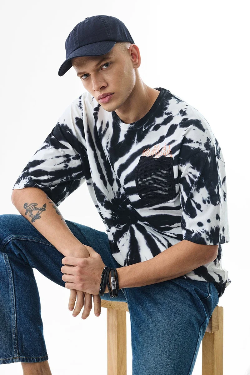سنيتش Black Tie-Dye Half Sleeve Oversized Streetwear T-Shirt