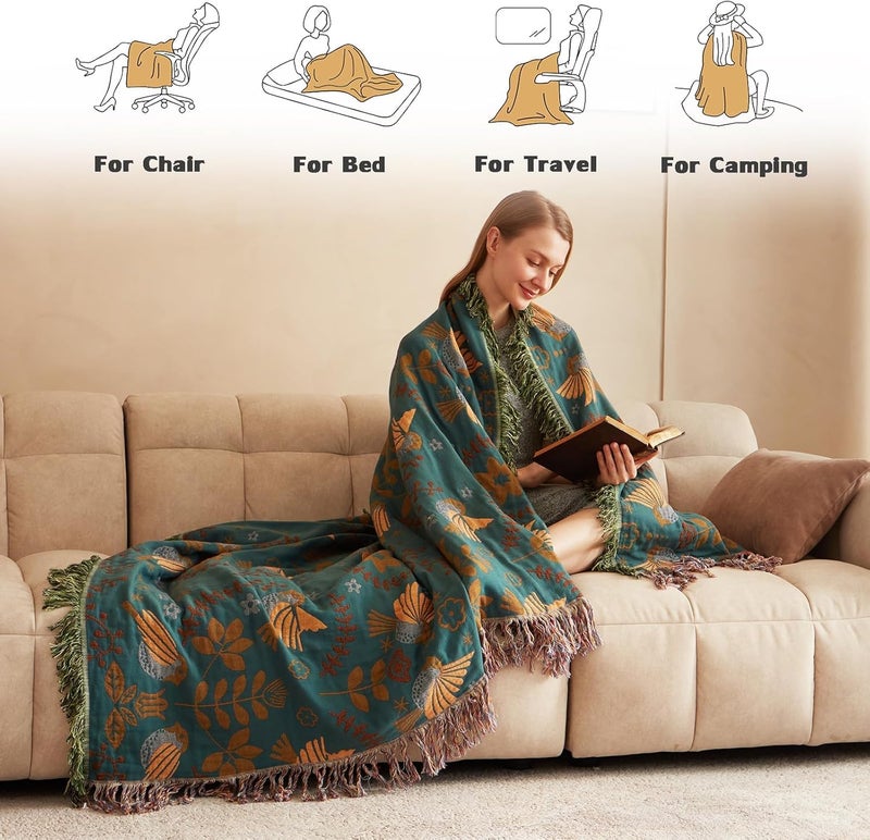 LUTBM Boho Throw Blanket for Bed - 100% Cotton Ultra Soft Rustic Quilt - Fall Blanket Bird Floral Printed Farmhouse Decor Large Bed Blankets,80"×90" All Season Rustic Throw for Sofa Couch Chair - Image 4