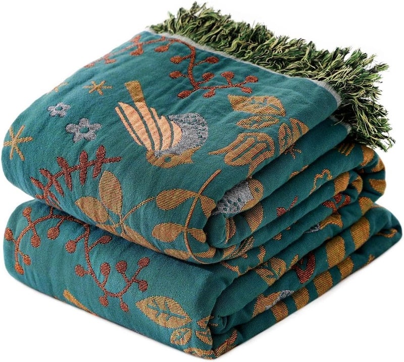 LUTBM Boho Throw Blanket for Bed - 100% Cotton Ultra Soft Rustic Quilt - Fall Blanket Bird Floral Printed Farmhouse Decor Large Bed Blankets,80"×90" All Season Rustic Throw for Sofa Couch Chair - Image 1
