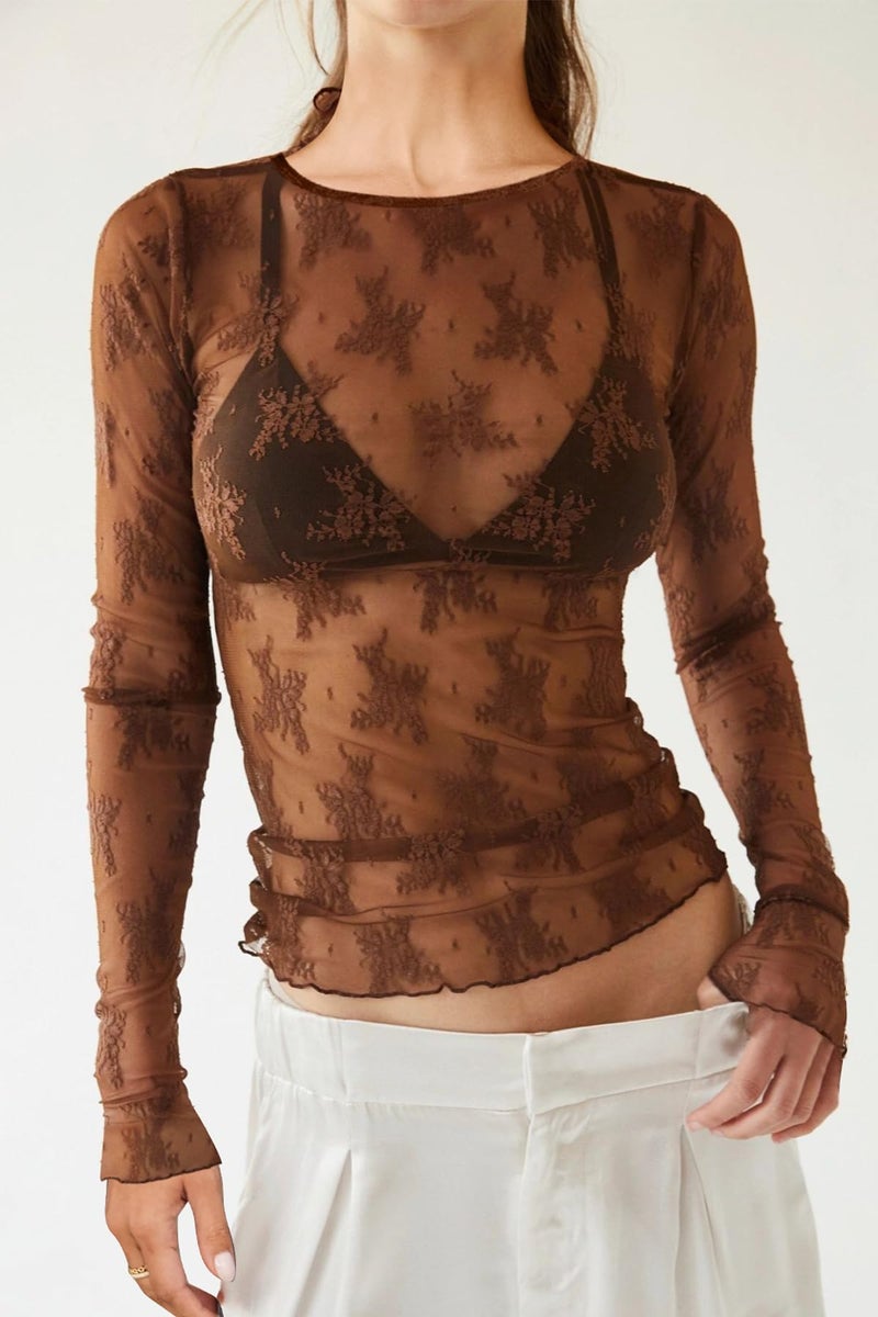 OFEEFAN Lace Undershirt for Women Chocolate Brown Fall Clothes Outfits 2026 Fashion Long Sleeve Tops Sexy Tops Mesh Top Slim Fitted Trendy Crewneck Sheer Shirts See Through Blouses Outfits XL - Image 2