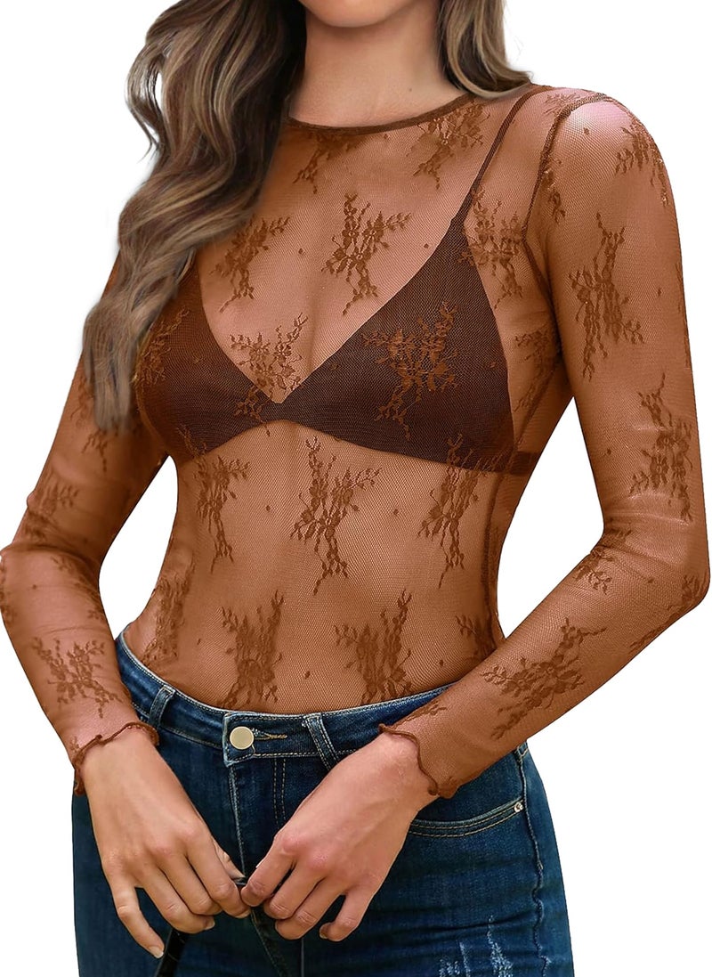 OFEEFAN Lace Undershirt for Women Chocolate Brown Fall Clothes Outfits 2026 Fashion Long Sleeve Tops Sexy Tops Mesh Top Slim Fitted Trendy Crewneck Sheer Shirts See Through Blouses Outfits XL - Image 1