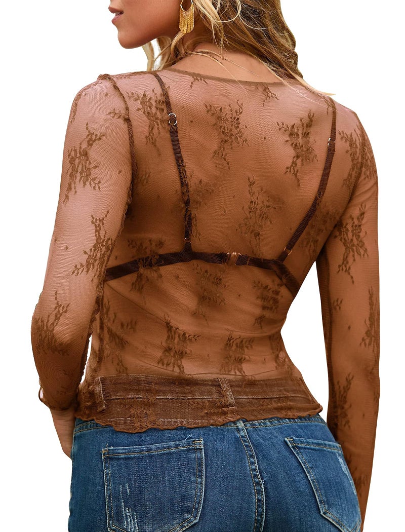 OFEEFAN Lace Undershirt for Women Chocolate Brown Fall Clothes Outfits 2026 Fashion Long Sleeve Tops Sexy Tops Mesh Top Slim Fitted Trendy Crewneck Sheer Shirts See Through Blouses Outfits XL - Image 4