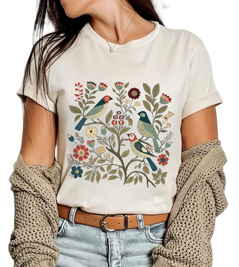 Women Vintage Boho Floral Wildflowers Tshirts Girls Graphic Tees Short Sleeve Tops(L,Beige-2)