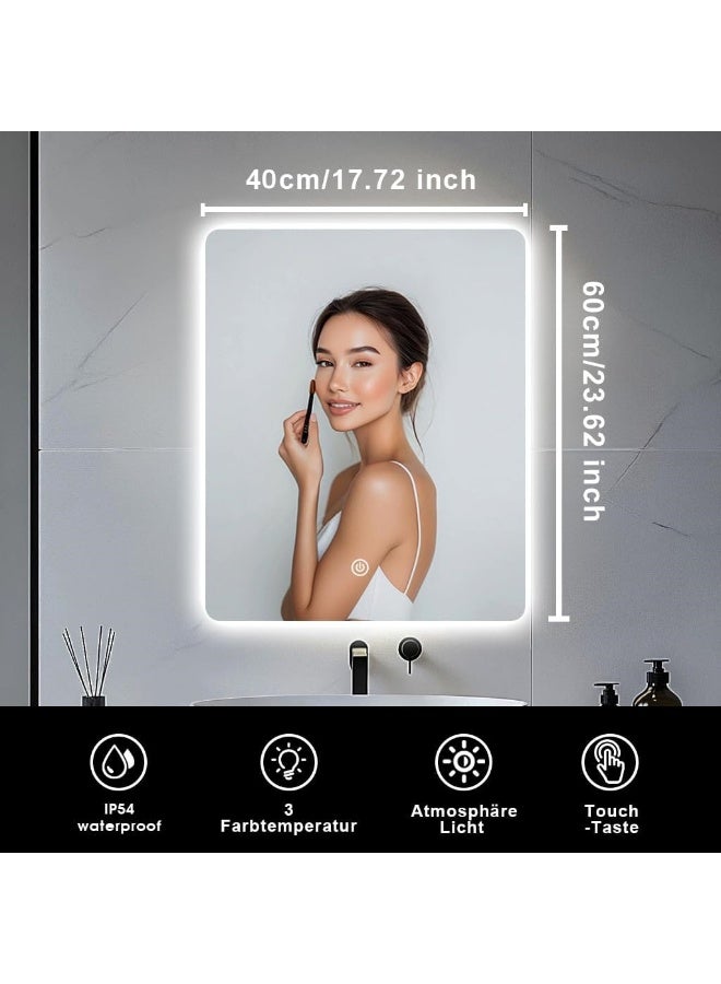 اكسيسن مرآة الحمام مع أضواء 60*40 سم، مرآة تجميل LED مثبتة على الحائط، قابلة للتعتيم بدون خطوات، 3 درجات حرارة لون، مرآة مكياج لغرفة الملابس، غرفة المعيشة، الحمام - Image 2