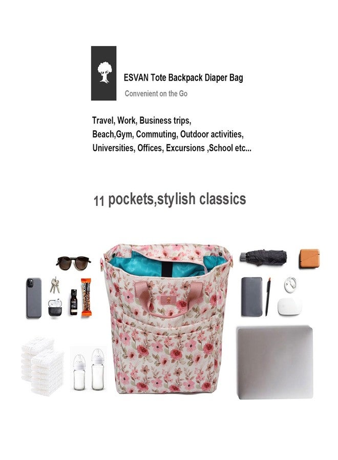 ESVAN Diaper Tote Bag Totepack Backpack Crossbody Bag 3 in 1 for Women Laptop Backpack Multifunctional with Insulated Pockets (Corduroy Pink Flower) - Image 5