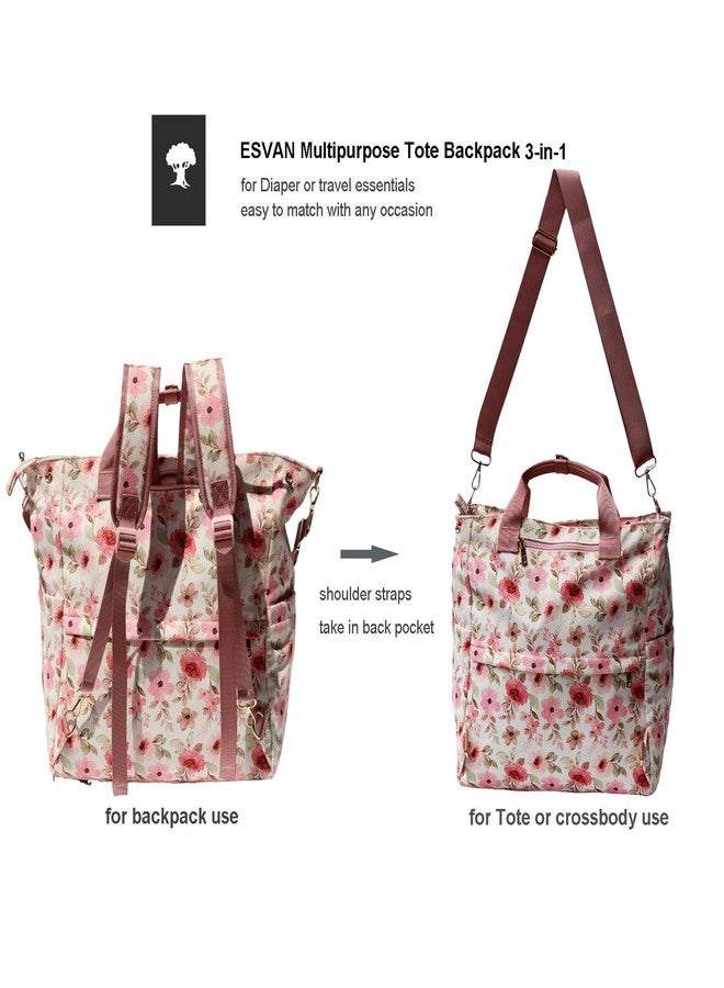 ESVAN Diaper Tote Bag Totepack Backpack Crossbody Bag 3 in 1 for Women Laptop Backpack Multifunctional with Insulated Pockets (Corduroy Pink Flower) - Image 4