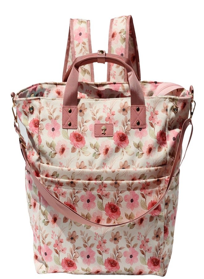 ESVAN Diaper Tote Bag Totepack Backpack Crossbody Bag 3 in 1 for Women Laptop Backpack Multifunctional with Insulated Pockets (Corduroy Pink Flower) - Image 1