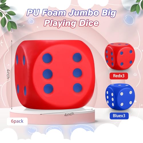 Simgoing 6 Pcs 4 Inch Large Foam Dice Giant Cube with 6 Sided Number Dots Jumbo Soft Slow Big PU Foam Stress Ball for Party Game Math Learning Props Stress Relief GiftsRed Blue - Image 5