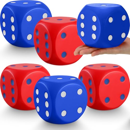 Simgoing 6 Pcs 4 Inch Large Foam Dice Giant Cube with 6 Sided Number Dots Jumbo Soft Slow Big PU Foam Stress Ball for Party Game Math Learning Props Stress Relief GiftsRed Blue - Image 1
