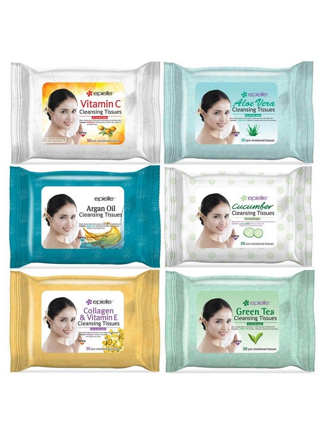 Epielle OG Makeup Remover Cleansing Wipes Tissue | Gentle for all Skin Types | Daily Facial Cleansing Towelettes | Removes Dirt, Oil, Makeup | Nicely Scented | 30 Count | Assorted 6 Pack - Image 1