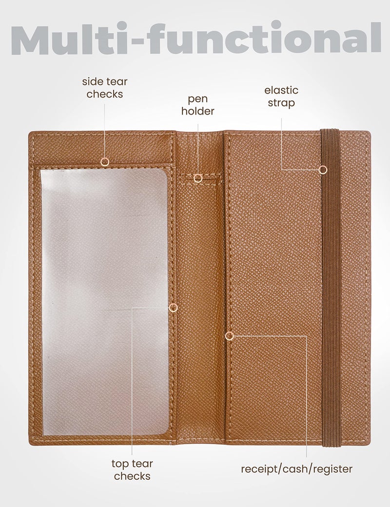 Yarnic Checkbook Cover for Personal Checkbook, Checkbook Holder with Pen Holder & Built-in Clear Plastic Divider for Duplicate Checks (Tan) - Image 2