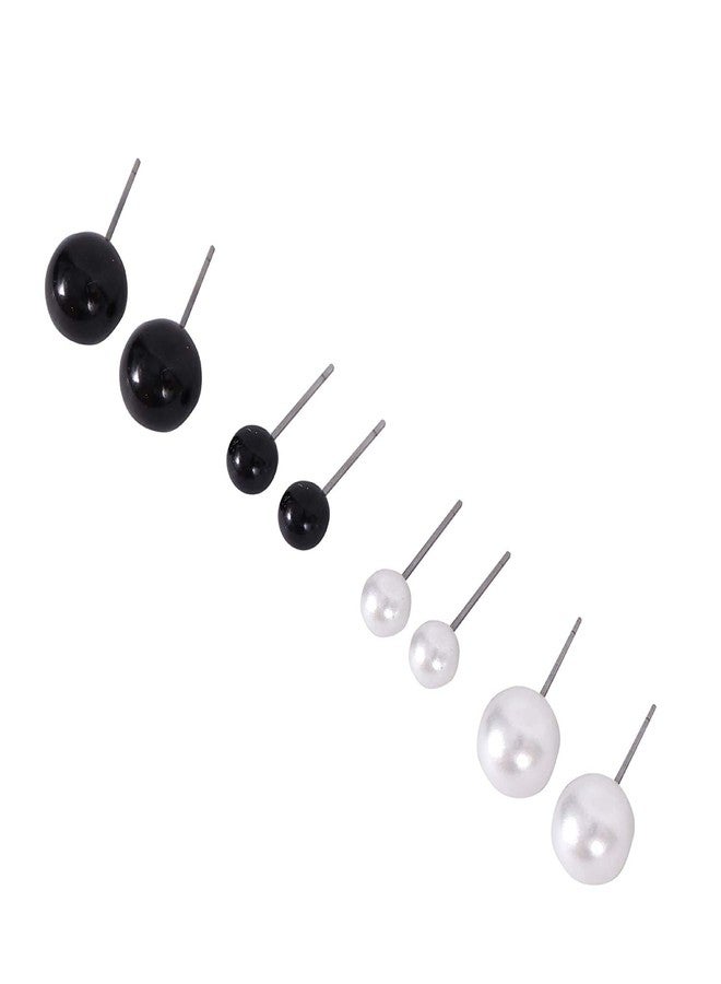 Shivarth Stud Earrings White & Black Color Round Pearl Design Medium Size Earring With Plastic Back for Girls and Women (Combo of 12 Pairs) - Image 4