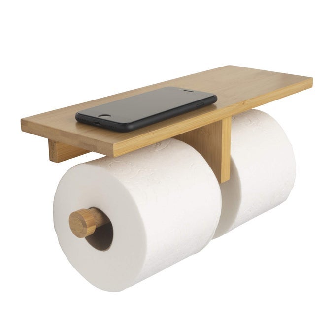 MODERN HANGING WALL MOUNT NATURAL BAMBOO DOUBLE DUAL TOILET PAPER HOLDER WITH CONVENIENCE SHELF TRAY FOR TOILET PAPER PHONE PLANTS DECOR AND OTHER ACCESSORIES