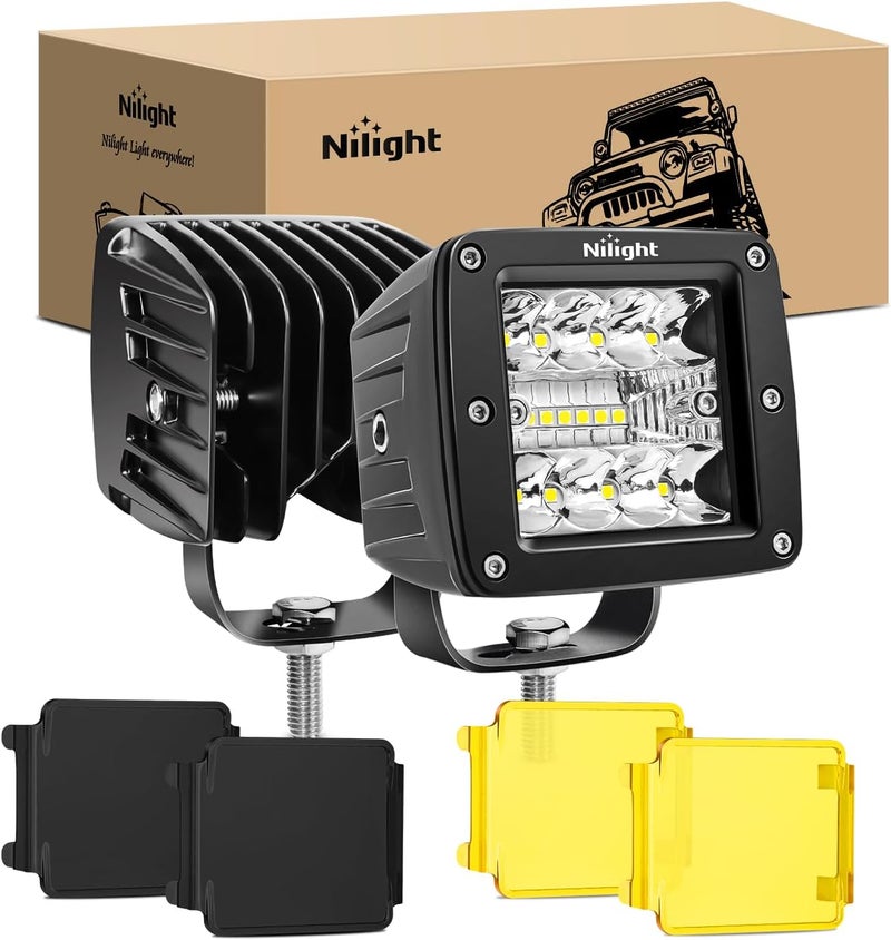Nilight LED Pod Light with Amber/Black Covers 2 PCS 3 Inch 42 W Cubes Spot Flood Combo Off Road Light Super Bright Driving Fog Boat Lighting for Trucks Pickup Golf Cart SUV ATV UTV 4x4 Van Camper - Image 1