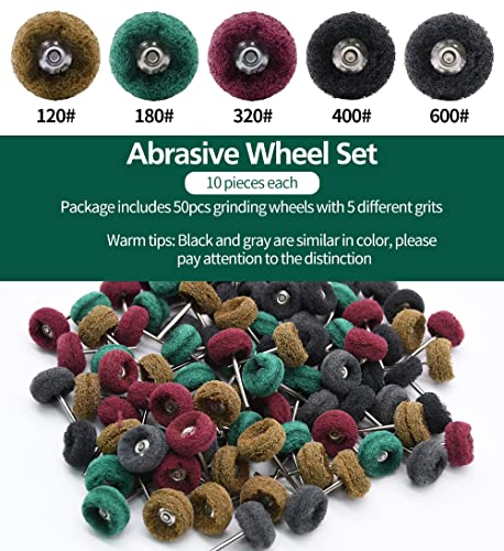 Mdvora 50/100/200pcs Abrasive Wheel, 1" Buffing Polishing Wheels, Metal Polishing Compound for Rotary Tools-1/8(3mm) Shank, 120 Grit, 180 Grit, 320 Grit, 400 Grit, 600 Grit - Image 2