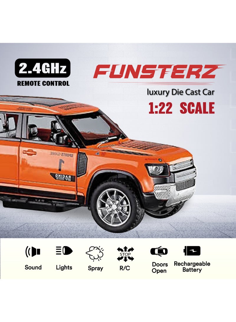 فونسترز سيارة لاند روفر ديفندر من فنسترز بمقياس 1:22 مع رذاذ ضبابي وأضواء LED - سيارة سبيكة معدنية كاملة الوظائف تعمل بالتحكم عن بُعد للأطفال، مع تأثير عادم واقعي، ومركبة قابلة لإعادة الشحن للطرق الوعرة (6 سنوات فأكثر) - Image 2