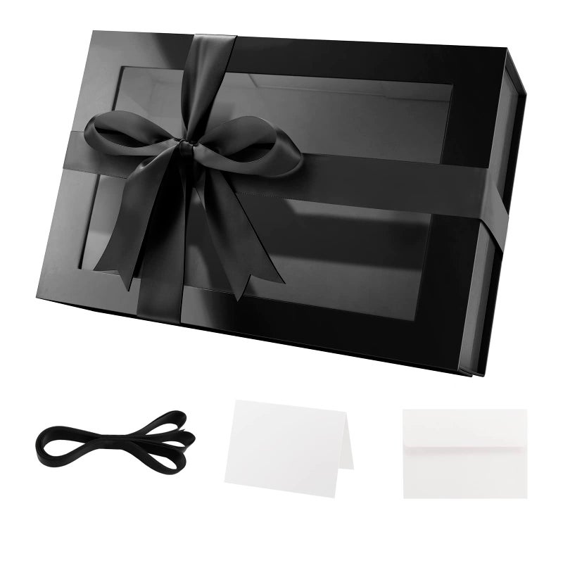 PACKQUEEN Large Black Gift Box with Window 135x9x41 Inches Clear Gift Box for Present Contains Ribbon Card Groomsman Proposal Box with Magnetic Lid Glossy Black