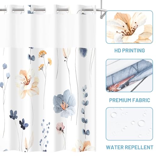 WITHLOC No Hook Shower Curtain with Snap in Liner - Watercolor Floral Shower Curtain - Fabric Waterproof Inner Liner, Plants Blue Beige Flowers White Cloth Shower Curtains Washable, 71 x 74 Inch - Image 4