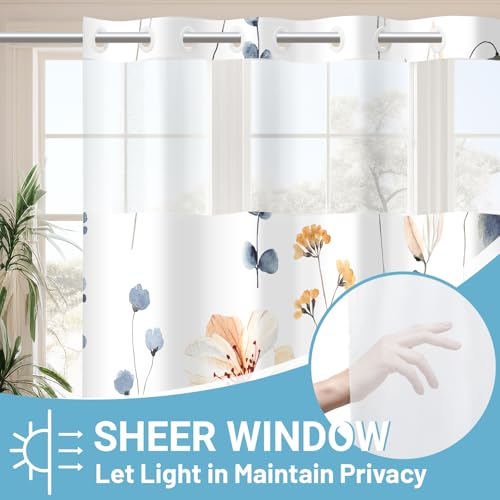 WITHLOC No Hook Shower Curtain with Snap in Liner - Watercolor Floral Shower Curtain - Fabric Waterproof Inner Liner, Plants Blue Beige Flowers White Cloth Shower Curtains Washable, 71 x 74 Inch - Image 2