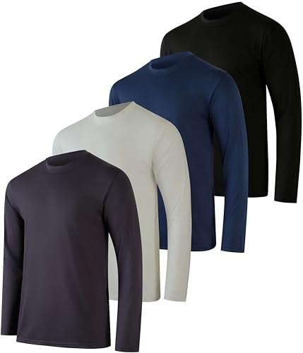 REALESSENTIALS Real Essentials 4 Pack: Mens Long Sleeve Dry Fit T Shirts Hiking Fishing Workout Gym Work Sun UPF 50 Wicking Running Tee, Set 7, Large - Image 1