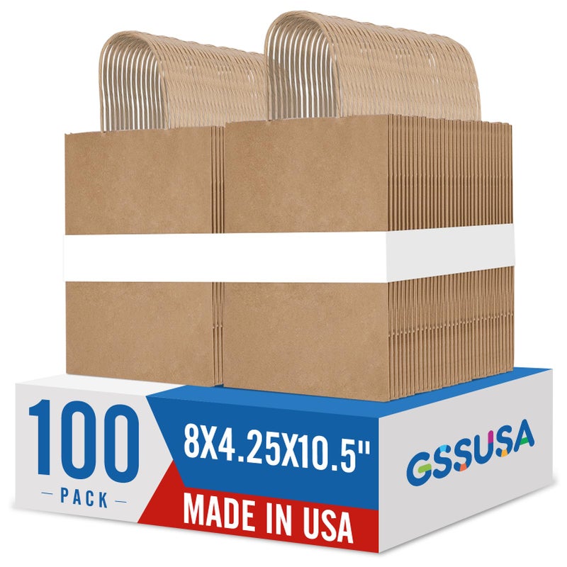 GSSUSA 100 Pack Brown Paper Bags with Handles 8 x 425 x 105 in Medium Kraft Gift Bags Bulk for Small Business Retail Shopping Party Favor Merchandise Sturdy Made in USA - Image 2