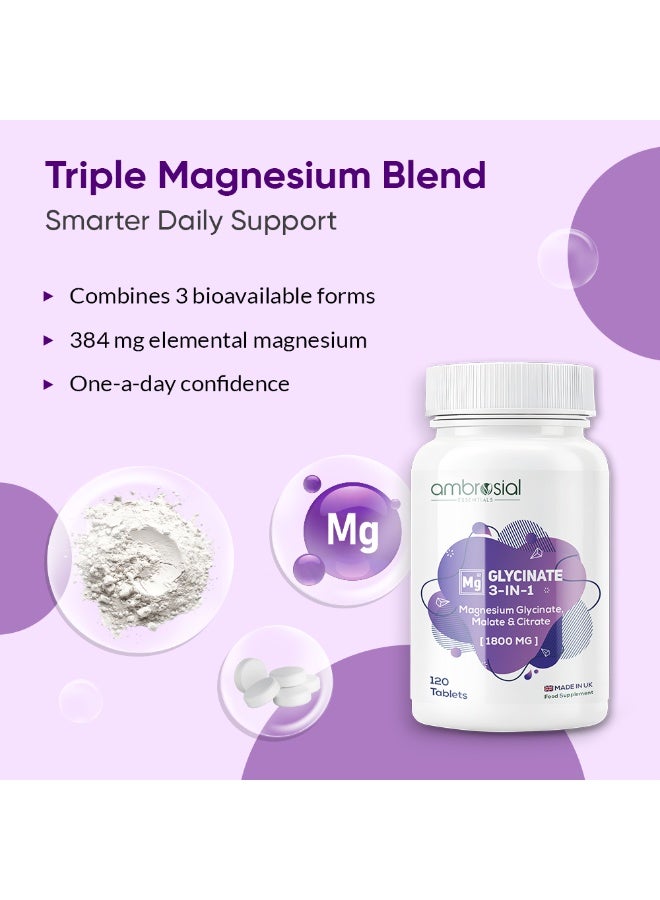 Ambrosial Magnesium Glycinate 3-in-1 Complex 1800 mg – Triple Magnesium Supplement with Glycinate, Citrate & Malate – 384 mg Elemental Magnesium – UK Made, GMP Certified – 120 Tablets - Image 2