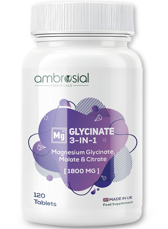 Ambrosial Magnesium Glycinate 3-in-1 Complex 1800 mg – Triple Magnesium Supplement with Glycinate, Citrate & Malate – 384 mg Elemental Magnesium – UK Made, GMP Certified – 120 Tablets - Image 1