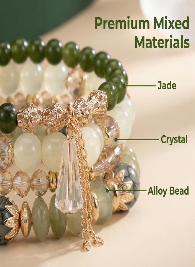 LOTSOF Bohemian Green Jade Stackable Bracelet Set - 4-Layer Stretch Beaded Bracelets with Gold Accents, Boho Jewelry for Women, Fashion Statement Accessory (Gift Ready) (Green) - Image 3