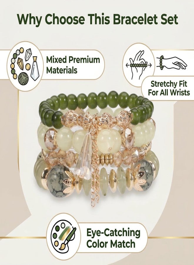 LOTSOF Bohemian Green Jade Stackable Bracelet Set - 4-Layer Stretch Beaded Bracelets with Gold Accents, Boho Jewelry for Women, Fashion Statement Accessory (Gift Ready) (Green) - Image 2