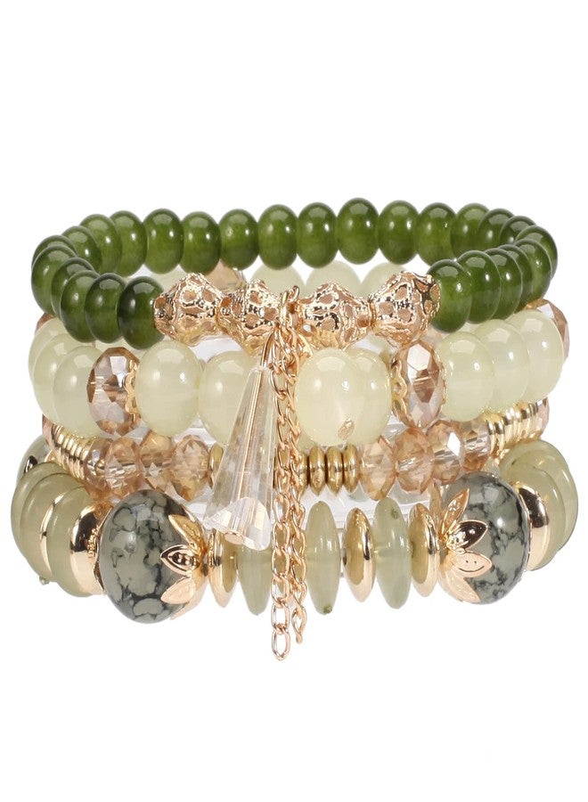 LOTSOF Bohemian Green Jade Stackable Bracelet Set - 4-Layer Stretch Beaded Bracelets with Gold Accents, Boho Jewelry for Women, Fashion Statement Accessory (Gift Ready) (Green) - Image 1