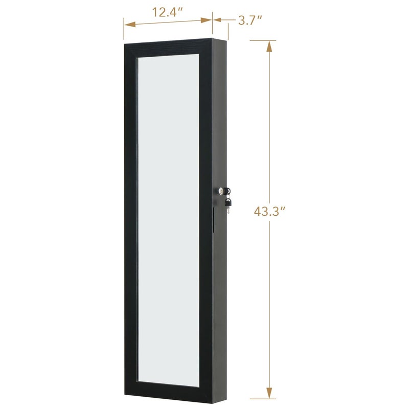 MASMIRE Full Length Mirror Jewelry Cabinet Organizer Lockable Door Wall-Mounted Jewelry Armoire with Shelves and Behind the Door Storage Black - Image 4