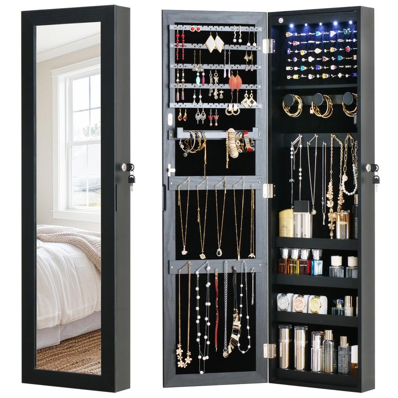 MASMIRE Full Length Mirror Jewelry Cabinet Organizer Lockable Door Wall-Mounted Jewelry Armoire with Shelves and Behind the Door Storage Black - Image 1