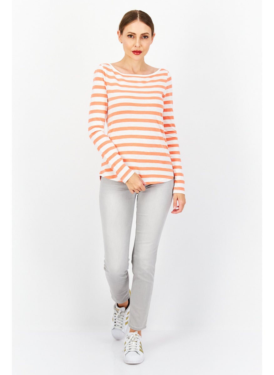 Zero Women Boat Neck Long Sleeve Stripe Blouse Top, White  - Image 2