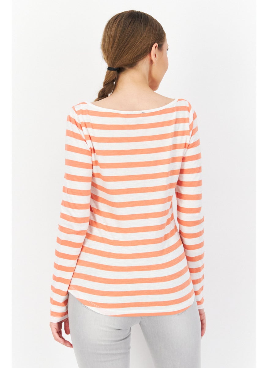 Zero Women Boat Neck Long Sleeve Stripe Blouse Top, White  - Image 3