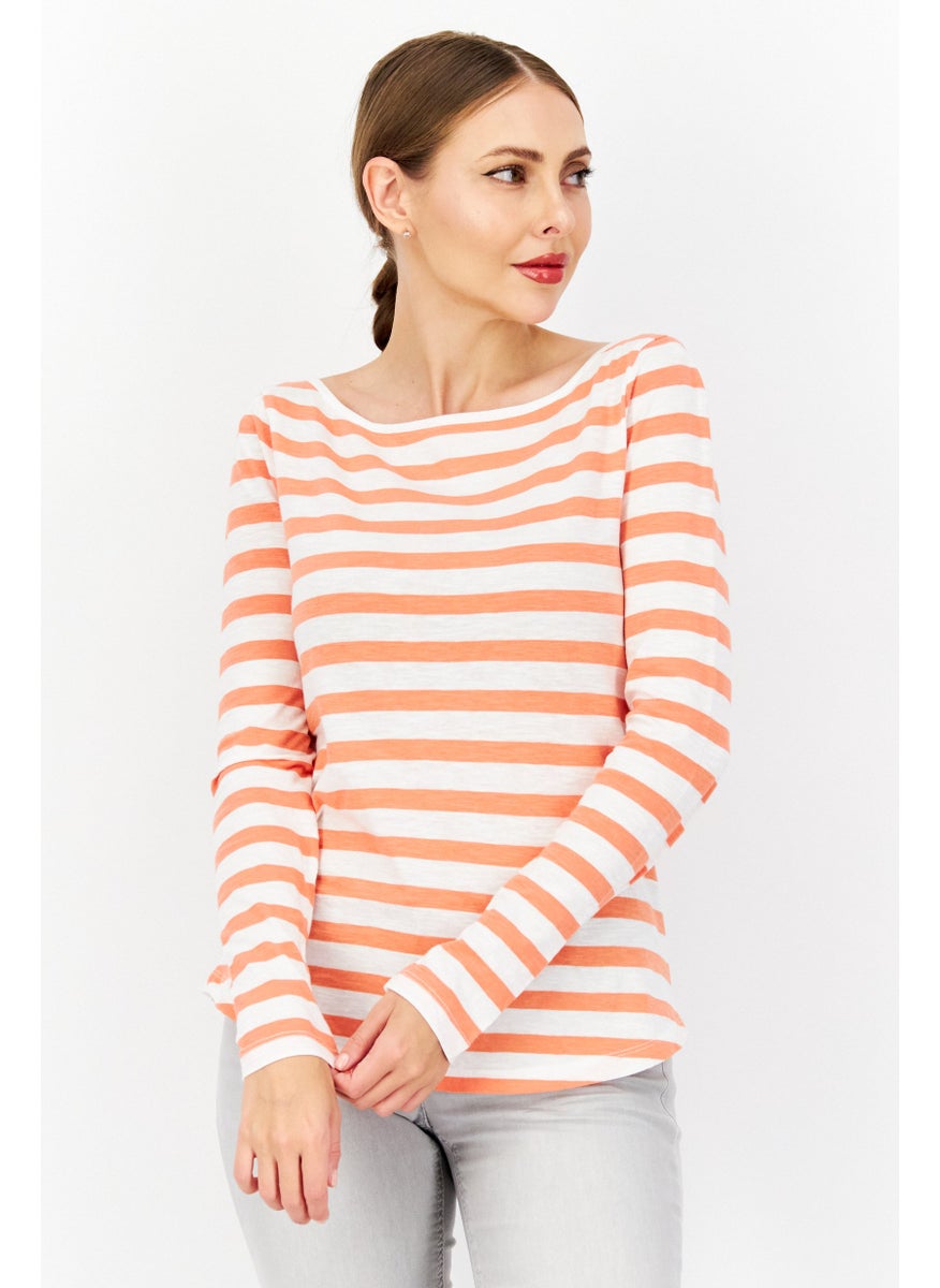 Zero Women Boat Neck Long Sleeve Stripe Blouse Top, White  - Image 1