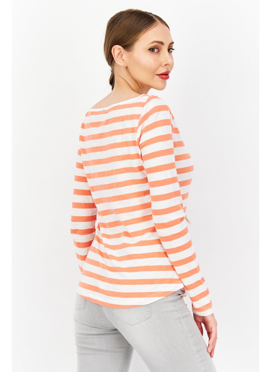 Zero Women Boat Neck Long Sleeve Stripe Blouse Top, White  - Image 4