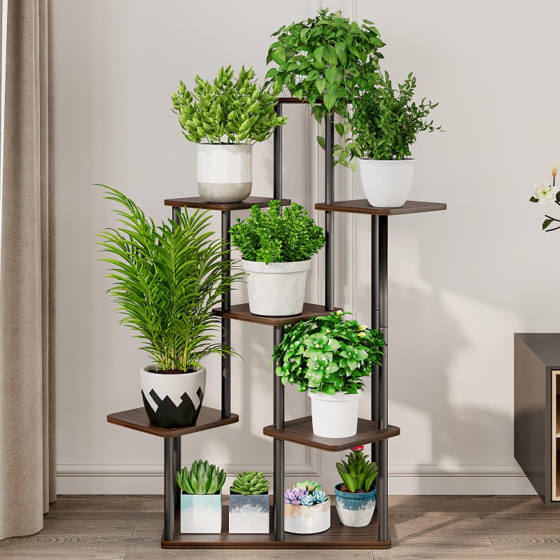 AZERPIAN Plant Stand 7 Tier Indoor Metal Flower Shelf for Multiple Plants Corner Tall Flower Holders for Patio Garden Living Room Balcony Bedroom, Black Oak - Image 3