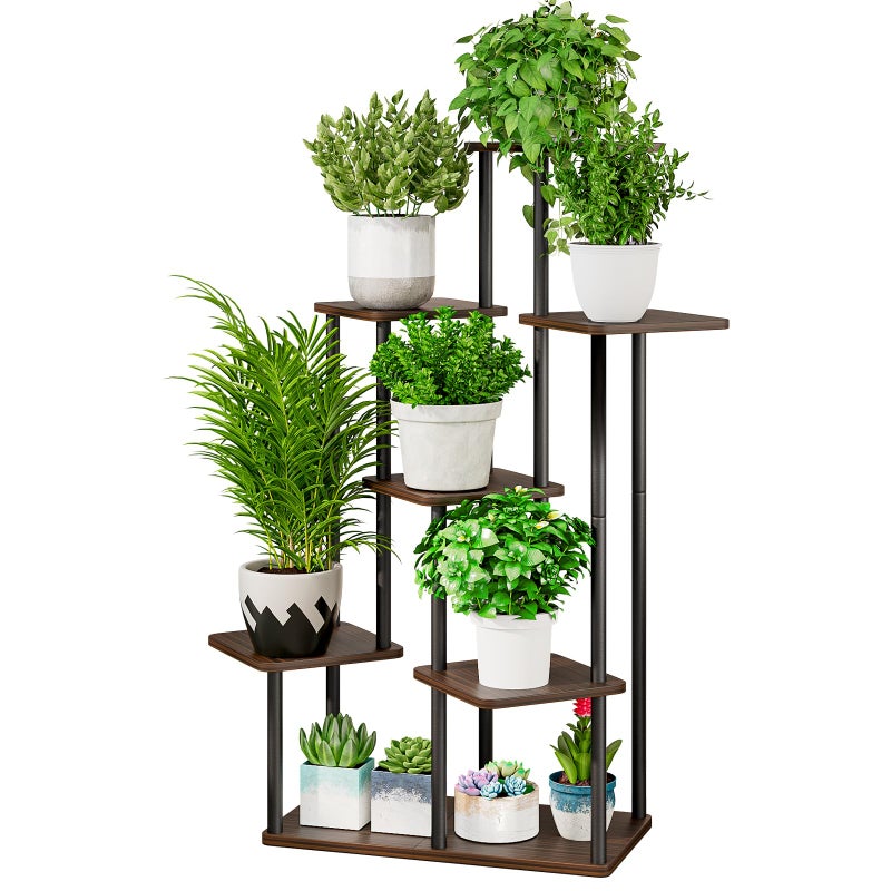AZERPIAN Plant Stand 7 Tier Indoor Metal Flower Shelf for Multiple Plants Corner Tall Flower Holders for Patio Garden Living Room Balcony Bedroom, Black Oak - Image 1