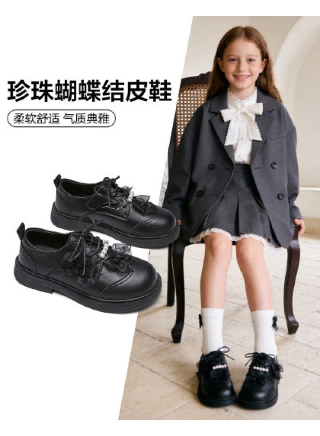 YEARCON Girl's Leather Shoes Versatile Princess Shoes 26 Spring New British Style Children's Pearl Bow Decoration Leather Shoes - Image 1