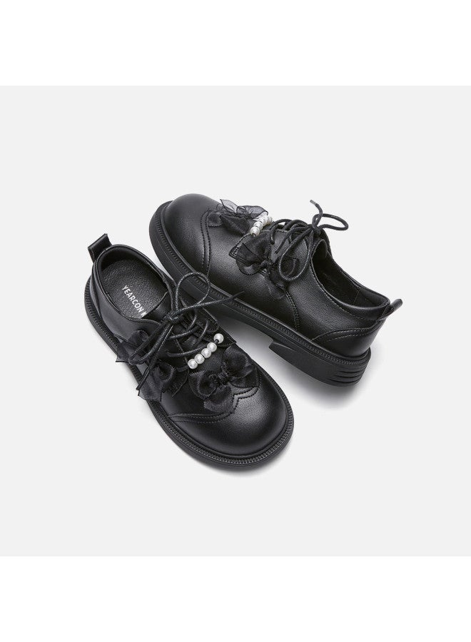 YEARCON Girl's Leather Shoes Versatile Princess Shoes 26 Spring New British Style Children's Pearl Bow Decoration Leather Shoes - Image 5
