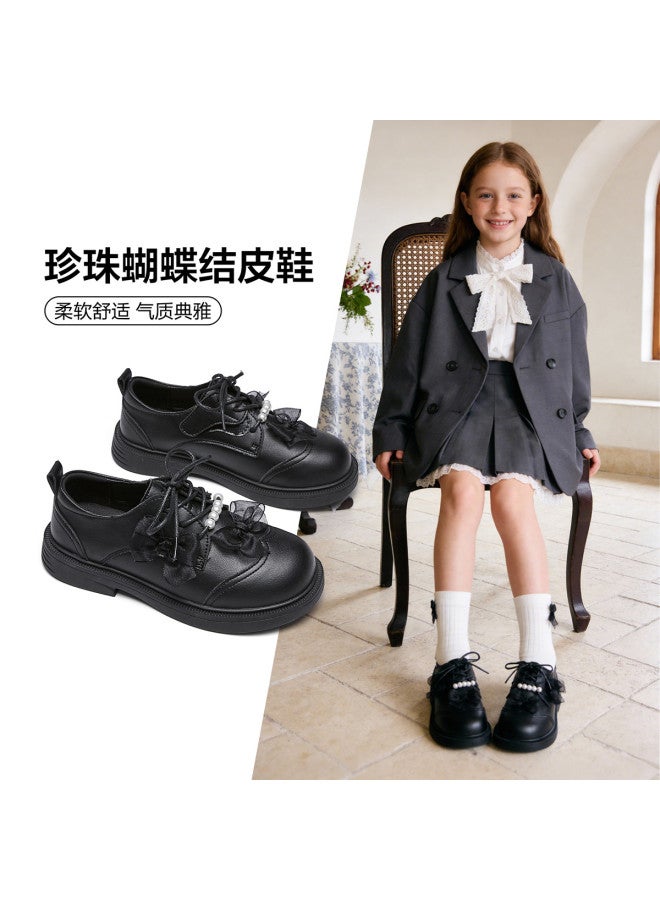 YEARCON Girl's Leather Shoes Versatile Princess Shoes 26 Spring New British Style Children's Pearl Bow Decoration Leather Shoes - Image 2