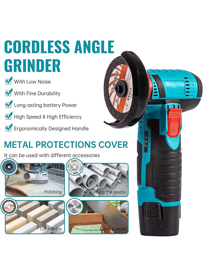 erorex Angle Grinder Tool Mini Angle Grinder Cordless Electric Angle Grinding Tool 12V 19500Rpm With 2Pcs 2000Mah Battery Nylon Cutting Blade S Grinding Disc Metal Cutting Disc - Image 2