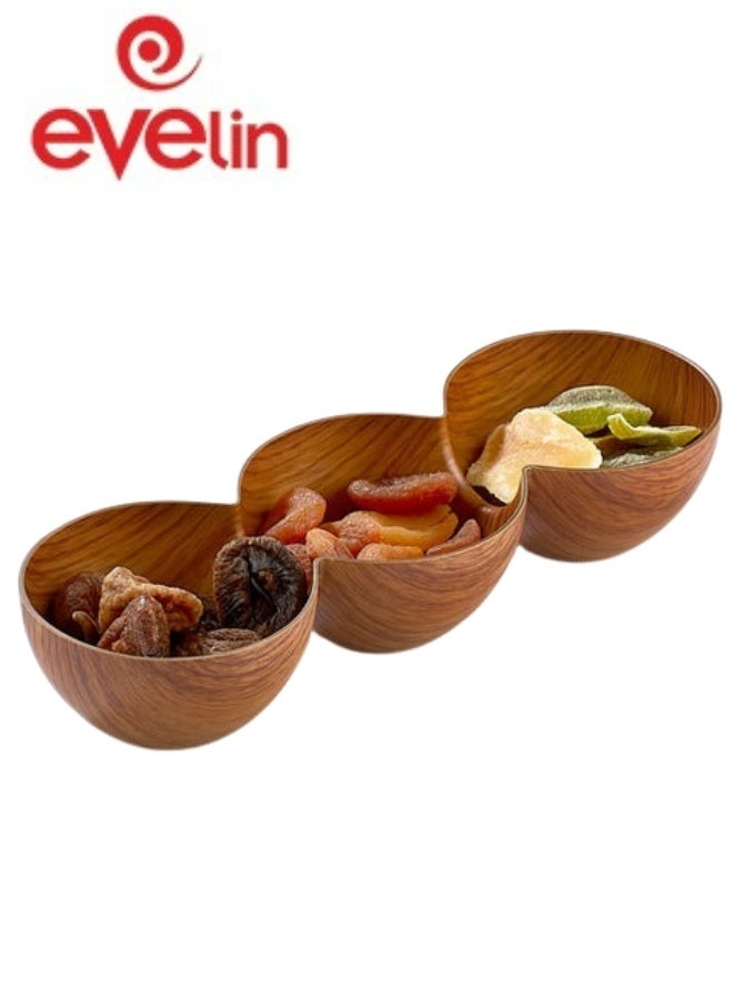 Evelin Triple Plastic Wooden Serving Bowl Divided Platter for Nuts and Snacks Wooden Serving Bowl for Nuts, Snacks and Dips 29*10cm (Shatterproof) - Image 1