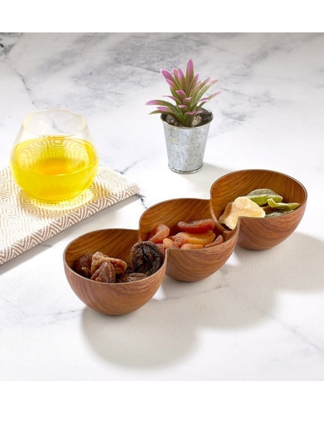 Evelin Triple Plastic Wooden Serving Bowl Divided Platter for Nuts and Snacks Wooden Serving Bowl for Nuts, Snacks and Dips 29*10cm (Shatterproof) - Image 2