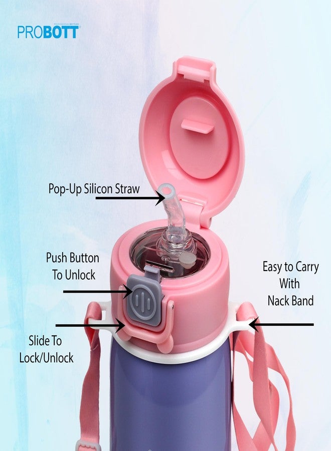 Probott Cutie 500ml Stainless Steel Hot & Cold Water Bottle for 3-5yrs Kids, Purple | Double Walled Vacuum Flask | Sipper Bottle with Straw & Strap for School | Perfect for Toddlers | Leak Proof - Image 2