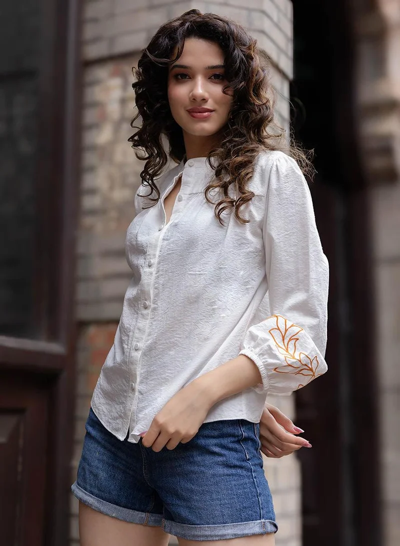 زجزاج Mandarin Collar Sleeve Embroidered Long Sleeve Top