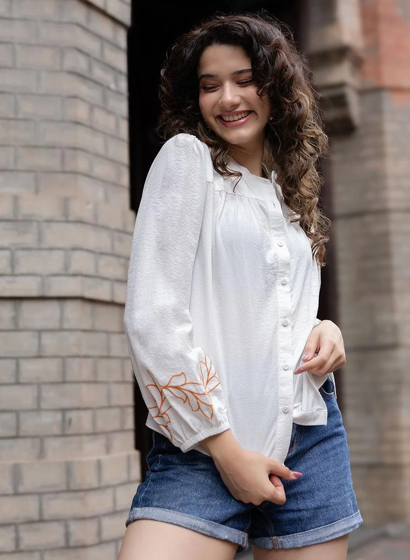 زجزاج Mandarin Collar Sleeve Embroidered Long Sleeve Top